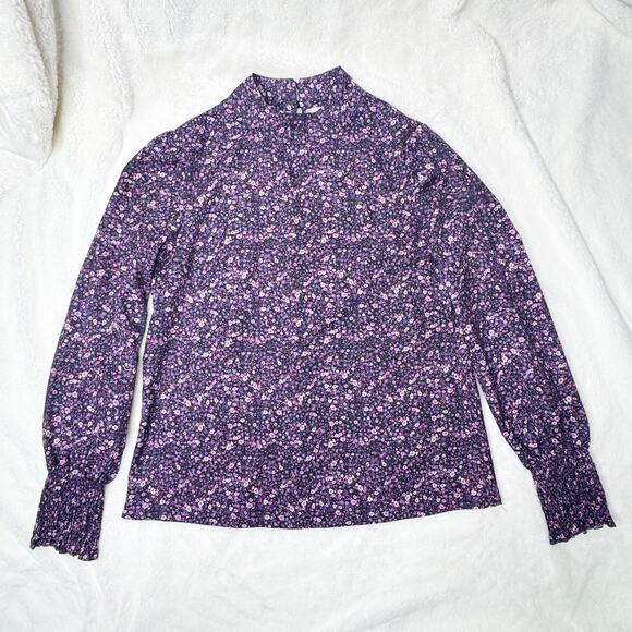 SHEIN Black Long Sleeved Mock Neck Blouse with Pink & Purple Floral Print Medium - Picture 2 of 7